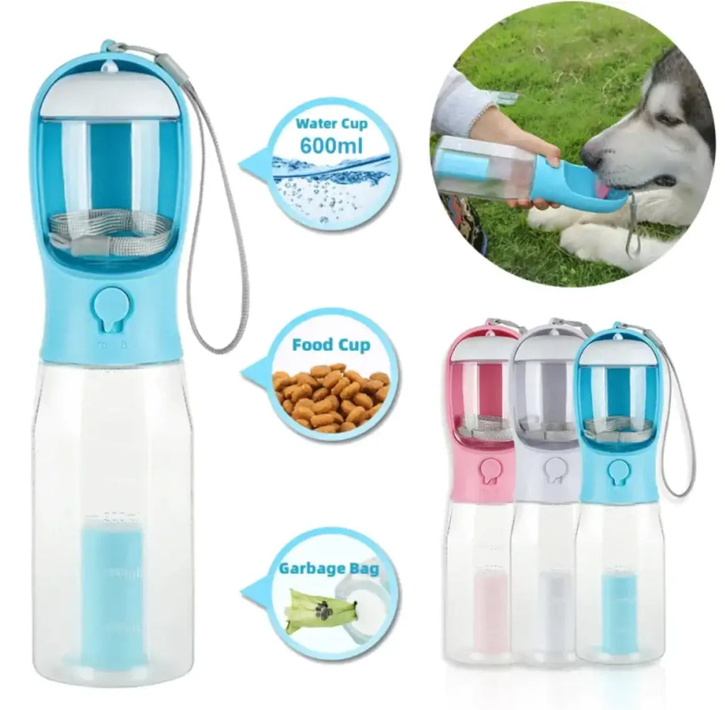 3-in-1 Pet Water & Food Bottle with Waste Bag Holder - All-in-One Walking Essential