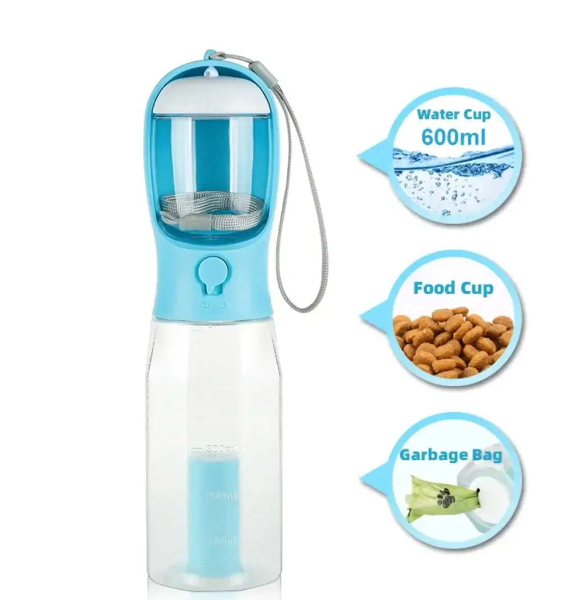 3-in-1 Pet Water & Food Bottle with Waste Bag Holder - All-in-One Walking Essential